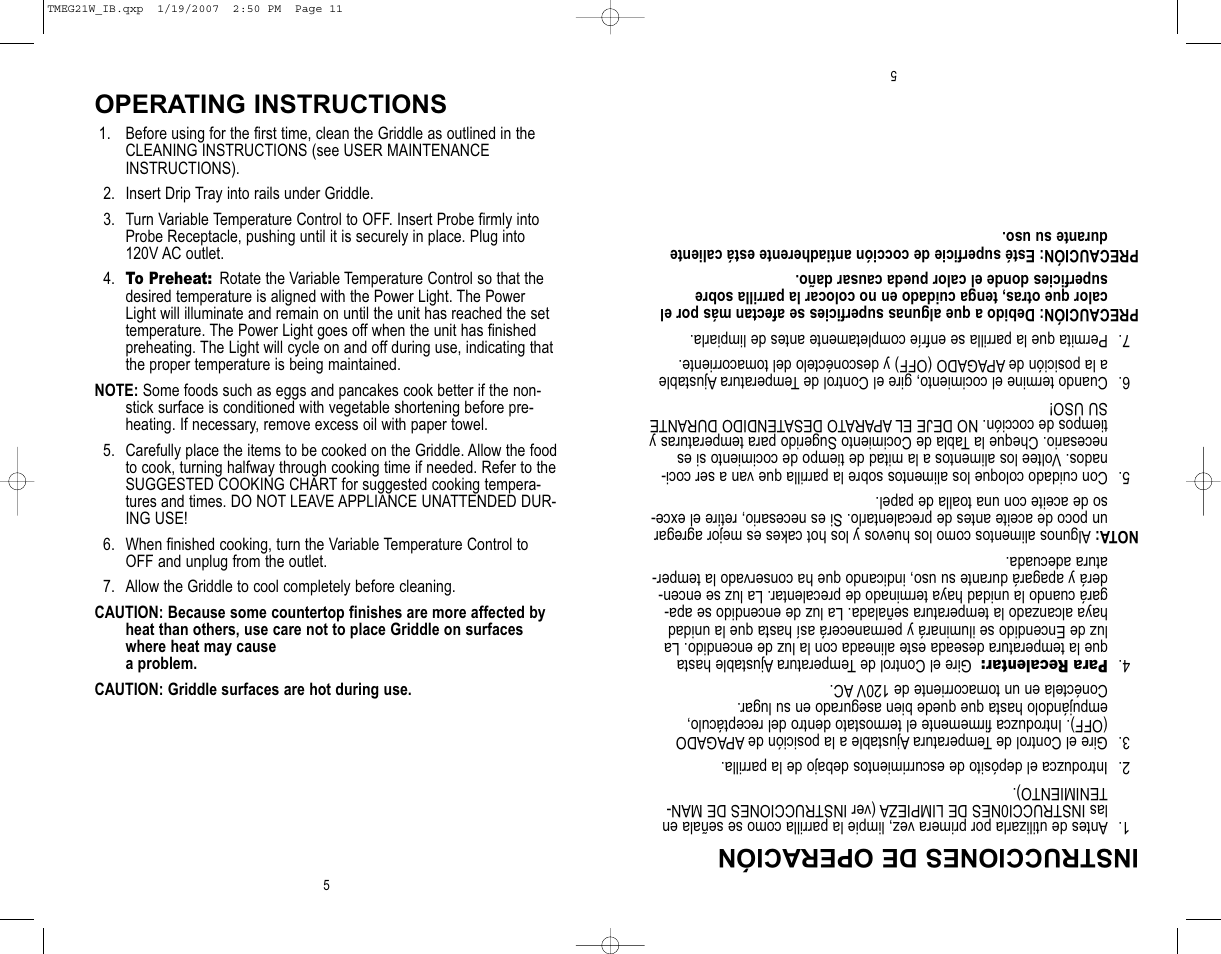 Operating instructions, Instrucciones de operación | Toastmaster TMEG21W User Manual | Page 6 / 10