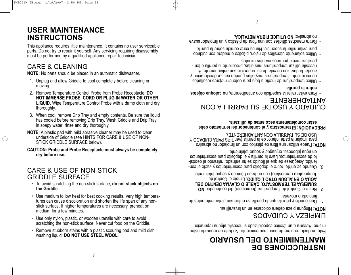 Instrucciones de mantenimiento del usuario, User maintenance instructions | Toastmaster TMEG21W User Manual | Page 8 / 10