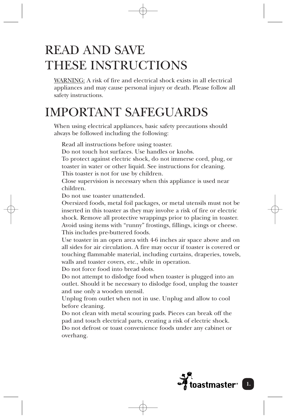 Read and save these instructions, Important safeguards | Toastmaster T2050WCCAN User Manual | Page 2 / 9