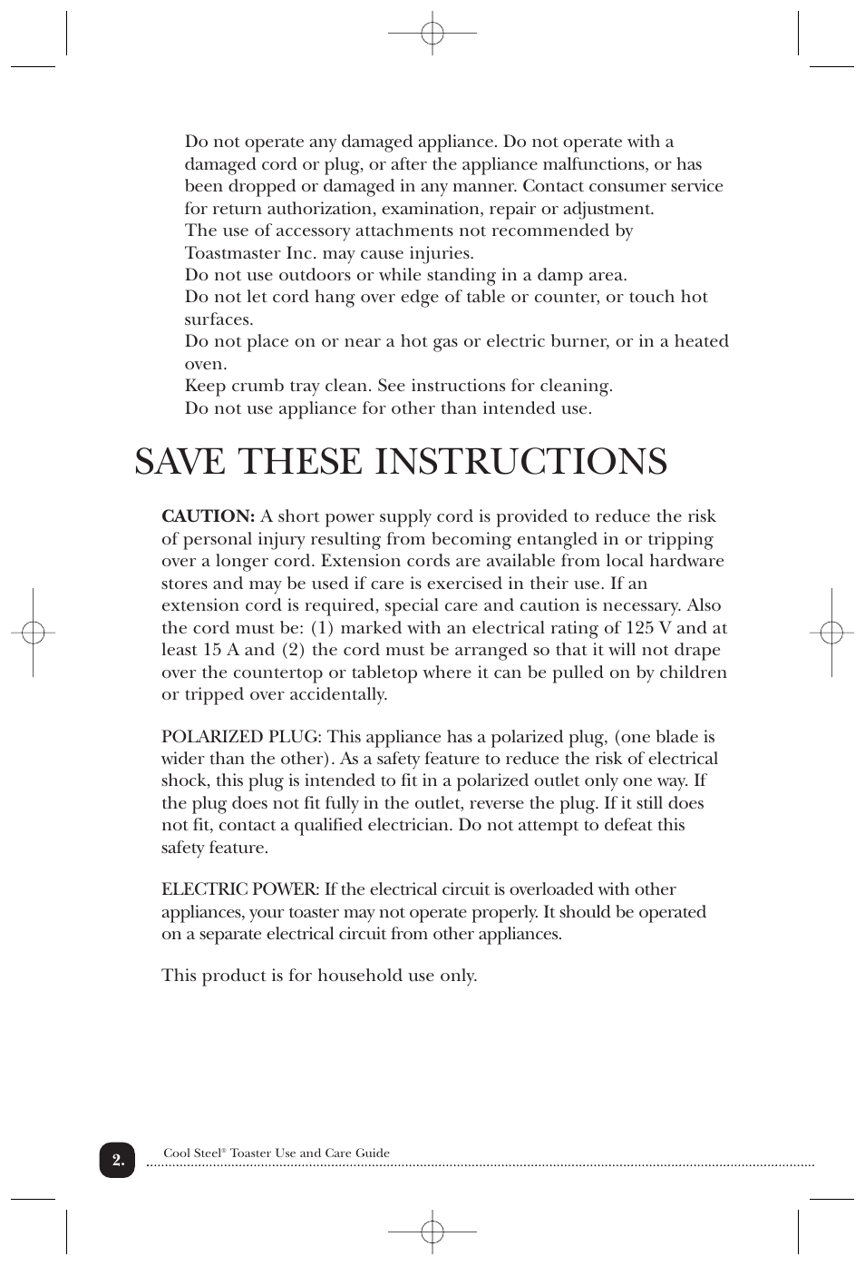 Save these instructions | Toastmaster T2050WCCAN User Manual | Page 3 / 9