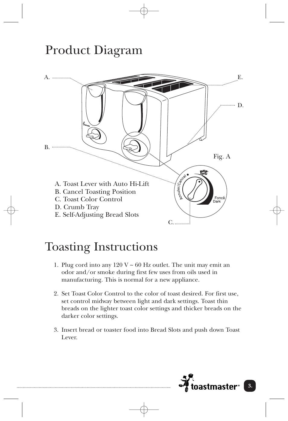 Product diagram, Toasting instructions | Toastmaster T2050WCCAN User Manual | Page 4 / 9