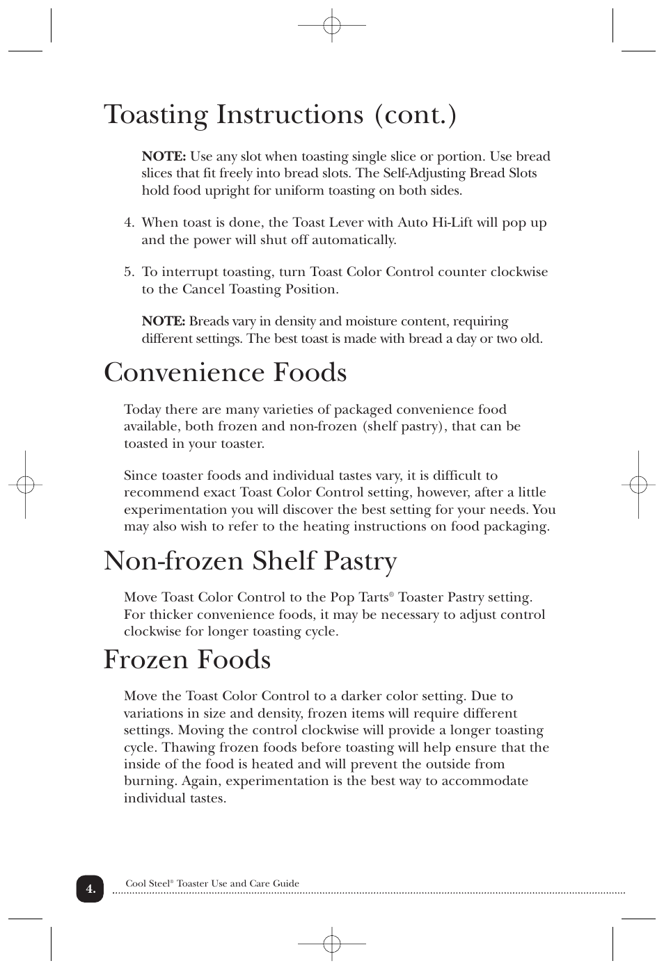 Toasting instructions (cont.), Convenience foods, Non-frozen shelf pastry | Frozen foods | Toastmaster T2050WCCAN User Manual | Page 5 / 9