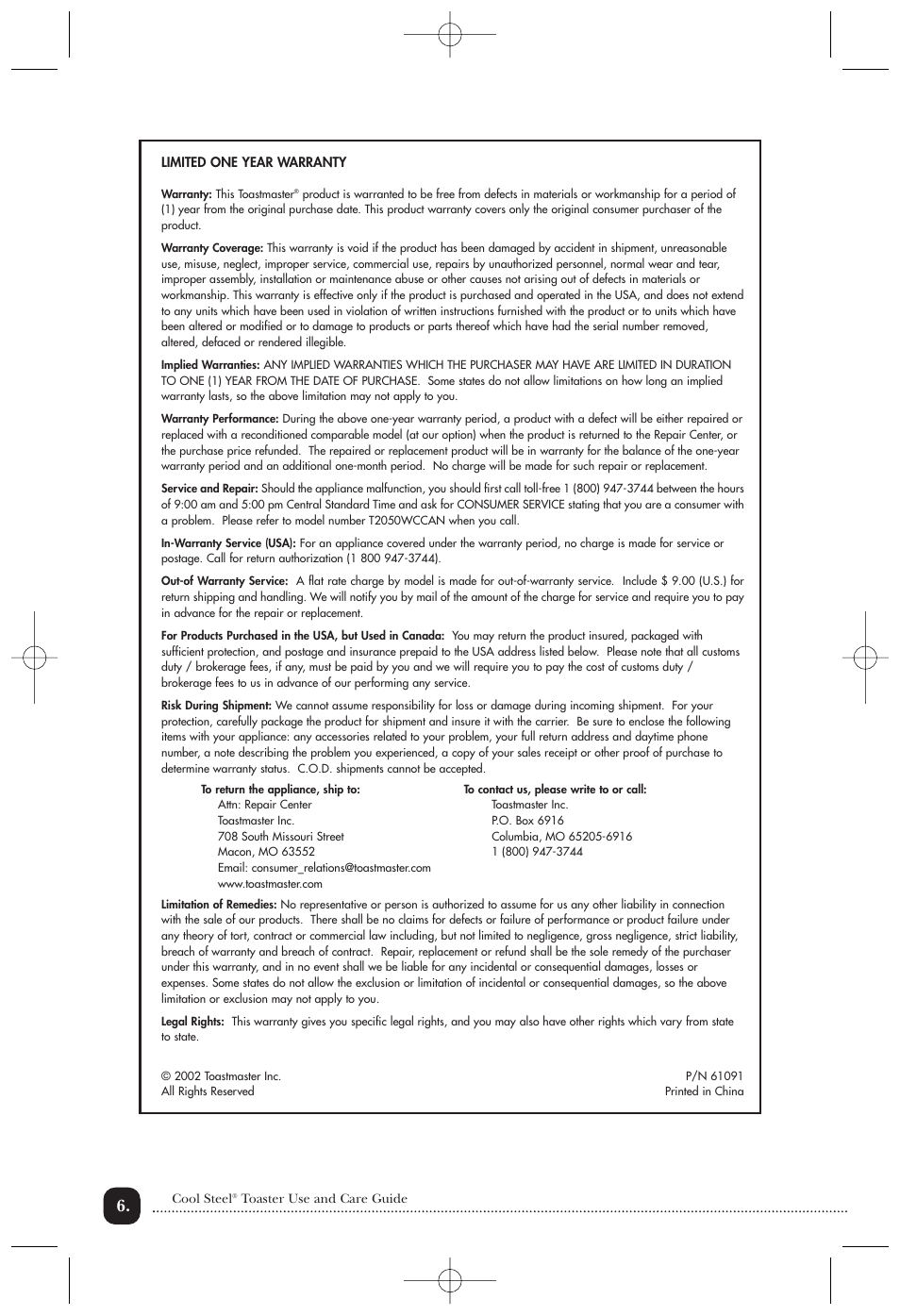 Toastmaster T2050WCCAN User Manual | Page 7 / 9