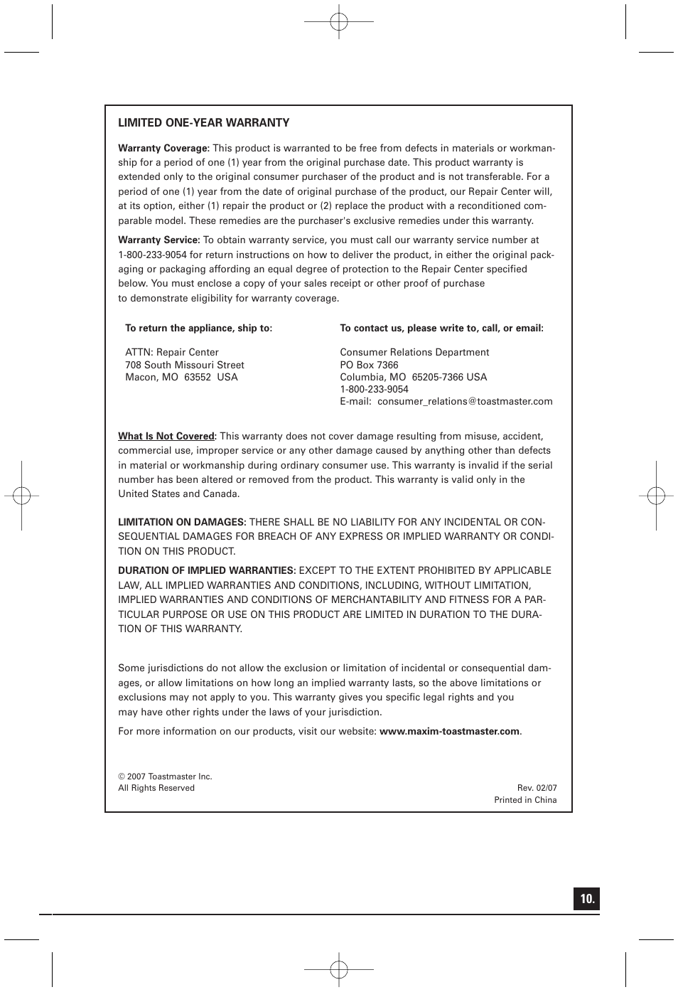 Toastmaster T2040BC User Manual | Page 10 / 10