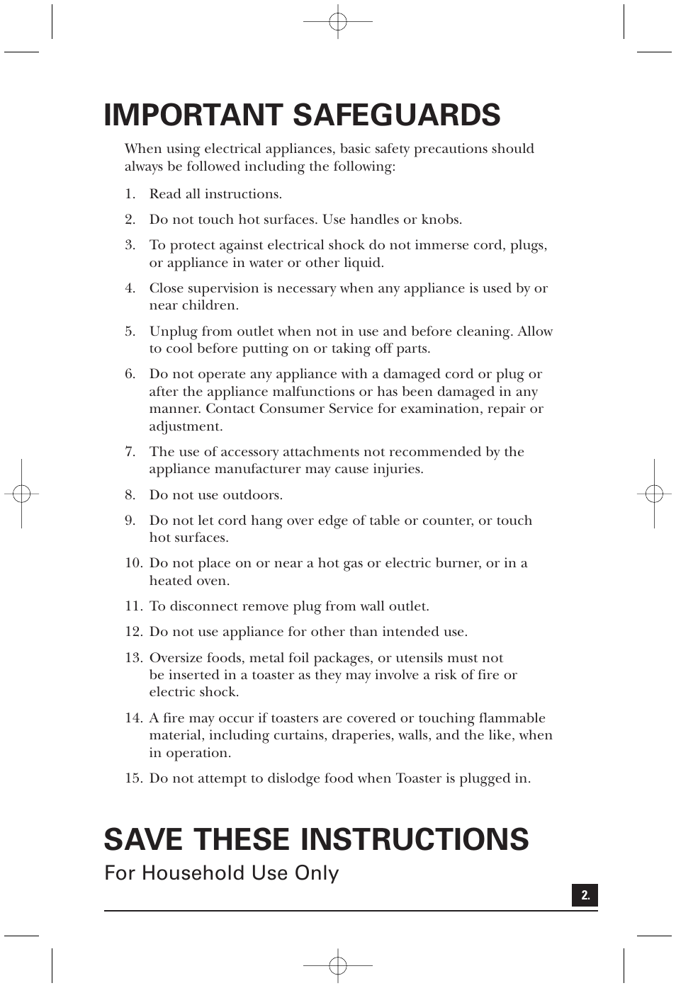 Important safeguards, Save these instructions, For household use only | Toastmaster T2040BC User Manual | Page 2 / 10
