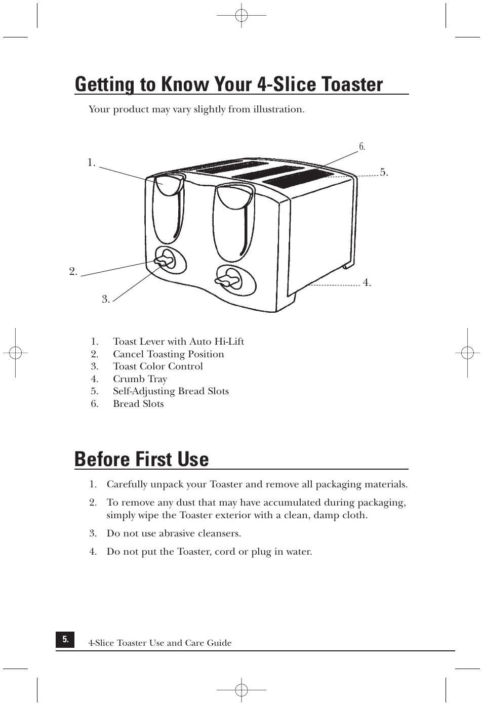 Getting to know your 4-slice toaster, Before first use | Toastmaster T2040BC User Manual | Page 5 / 10