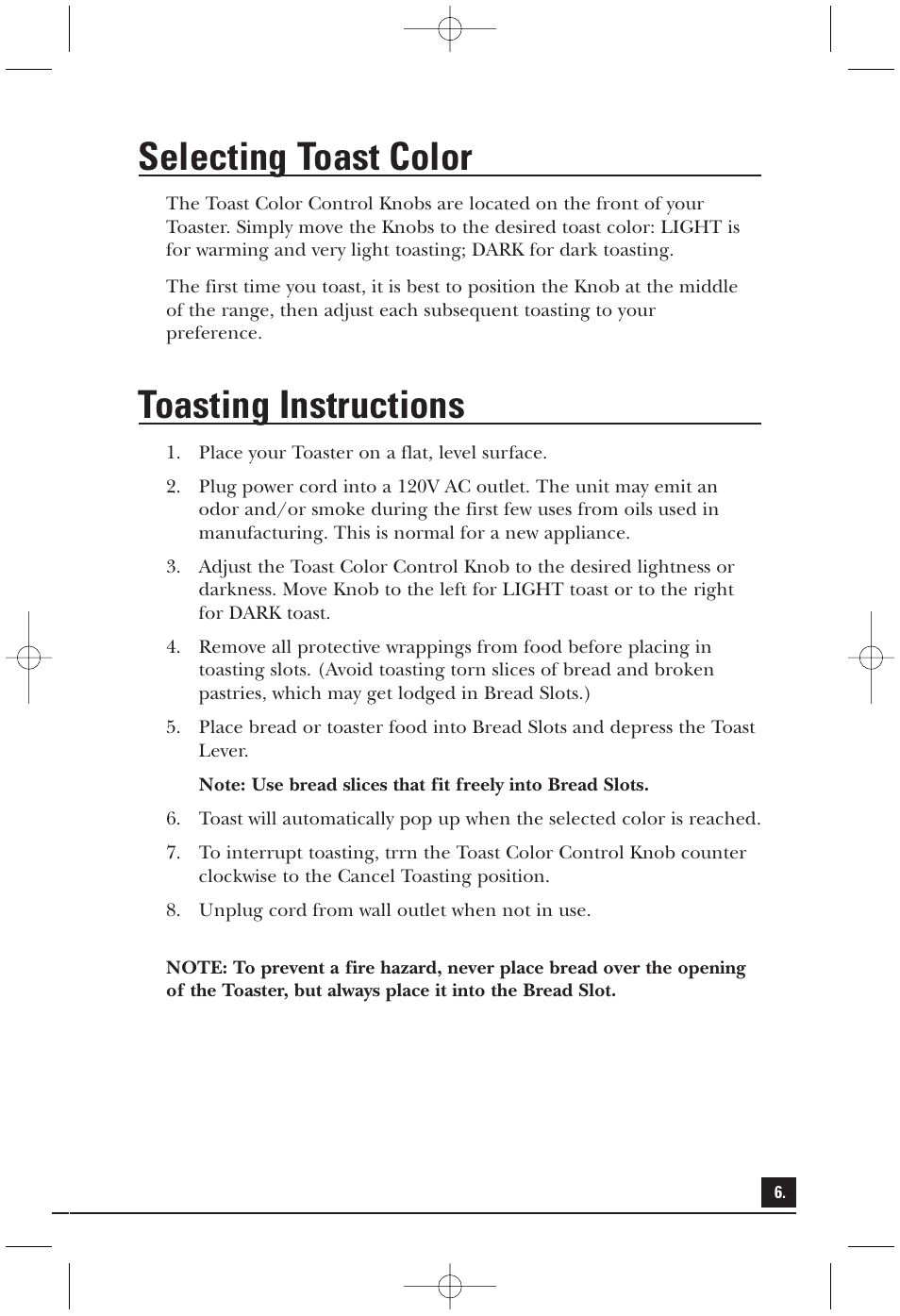 Selecting toast color, Toasting instructions | Toastmaster T2040BC User Manual | Page 6 / 10