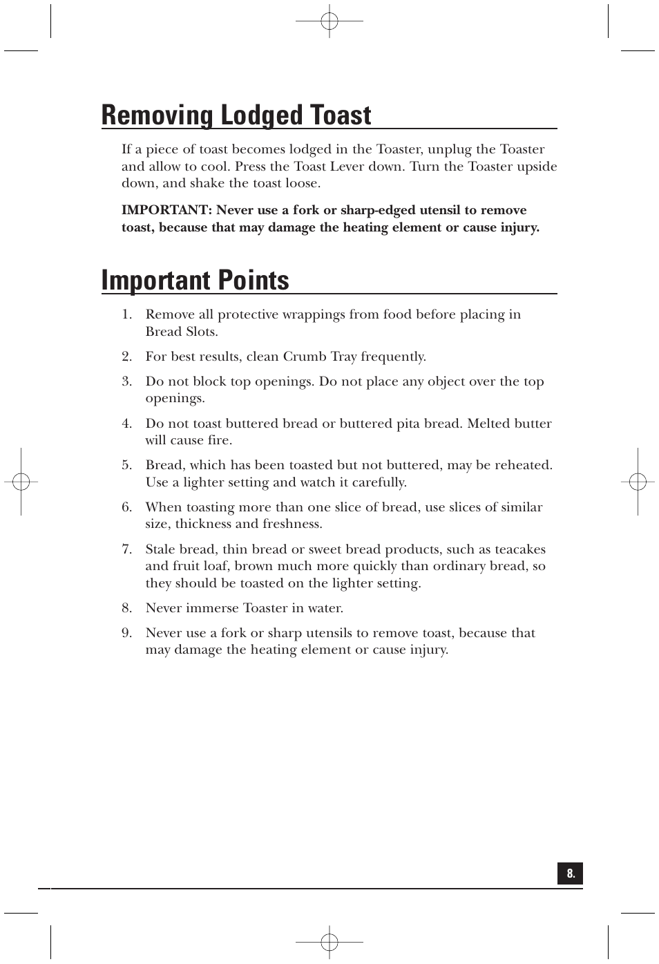 Removing lodged toast, Important points | Toastmaster T2040BC User Manual | Page 8 / 10