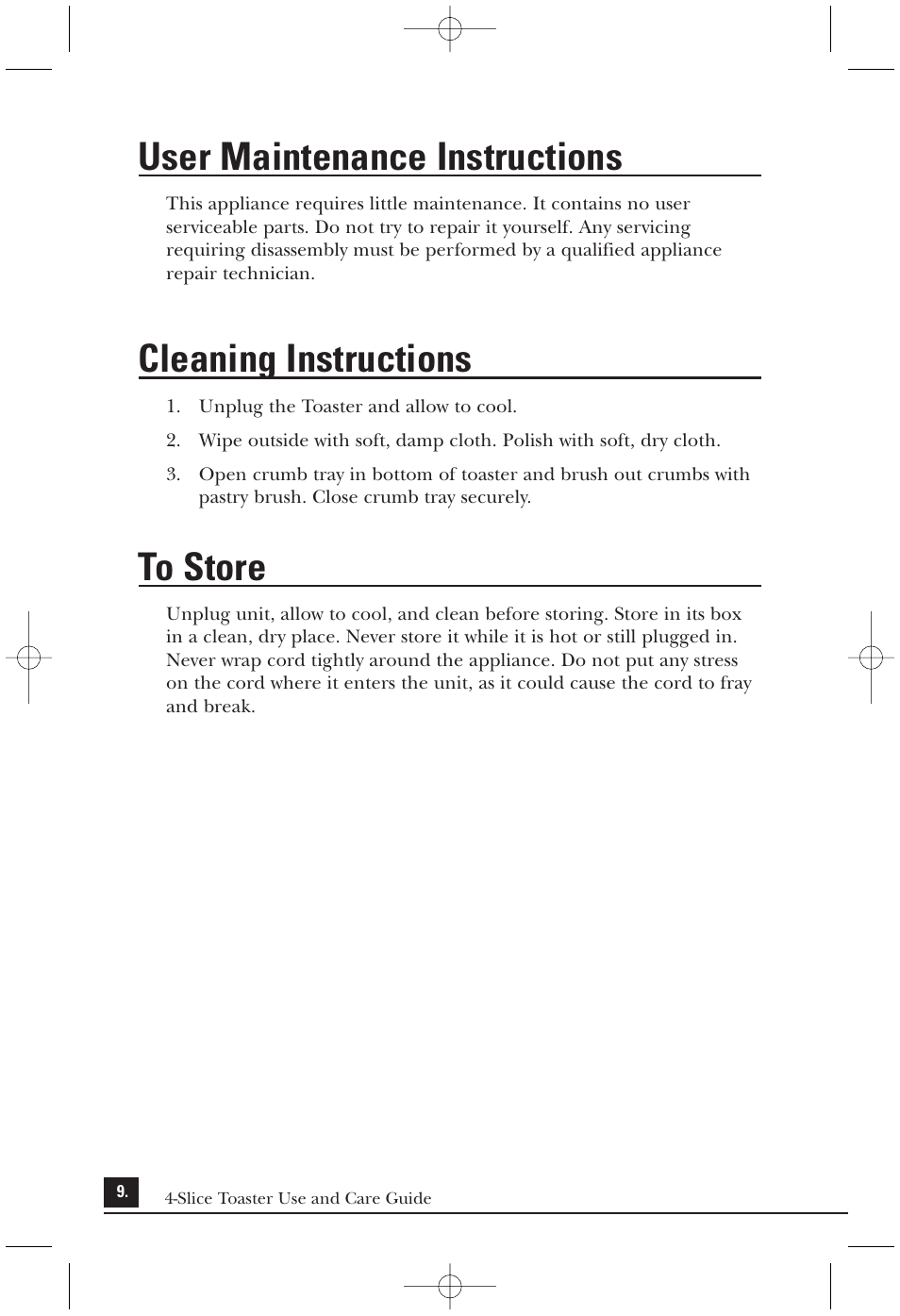 User maintenance instructions, Cleaning instructions | Toastmaster T2040BC User Manual | Page 9 / 10