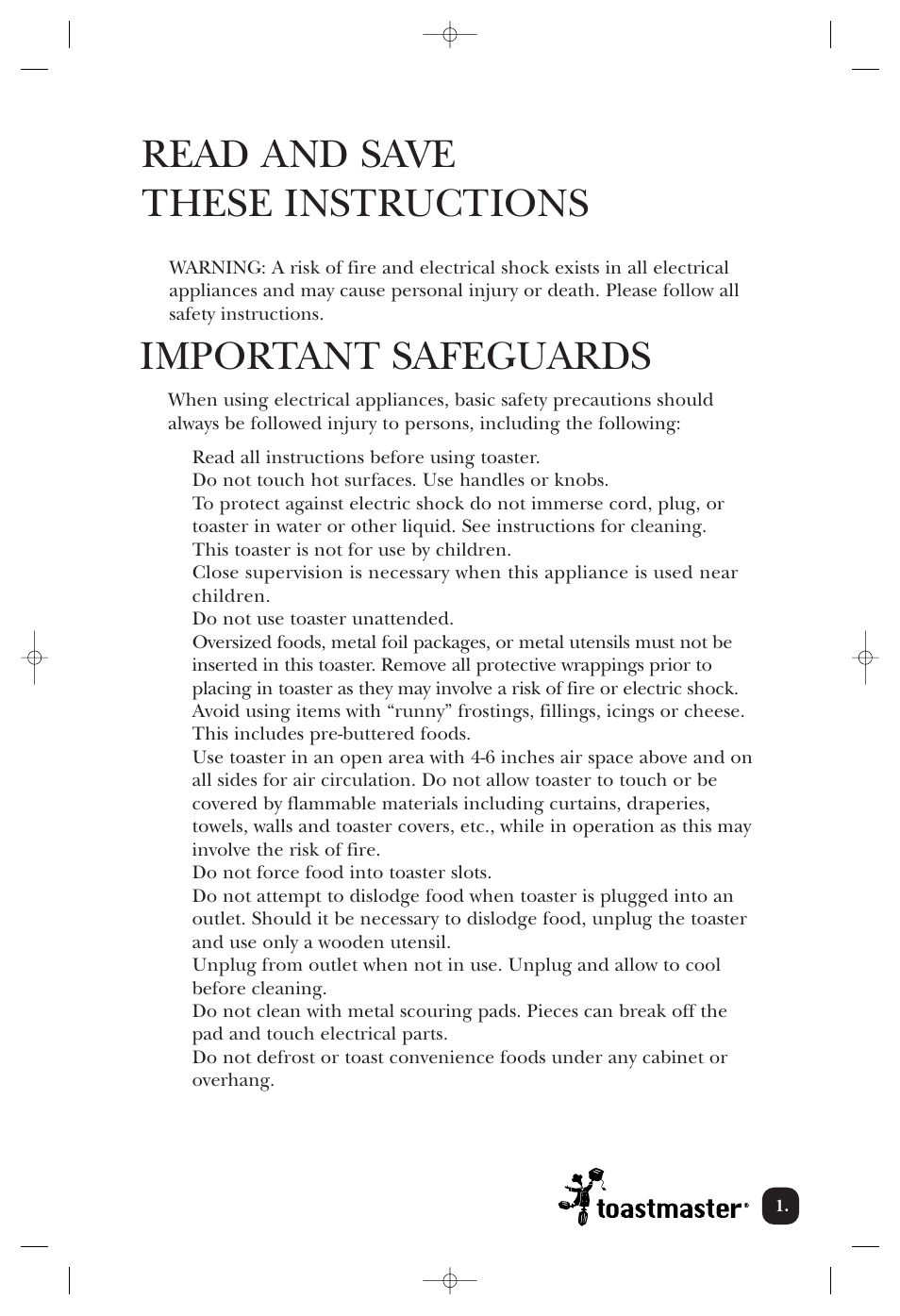Read and save these instructions, Important safeguards | Toastmaster T2000BCCAN User Manual | Page 2 / 9