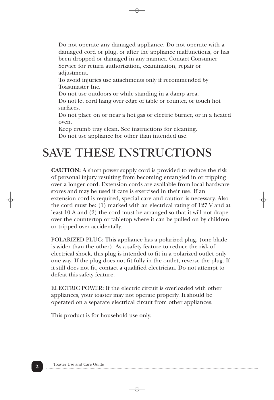 Save these instructions | Toastmaster T2000BCCAN User Manual | Page 3 / 9