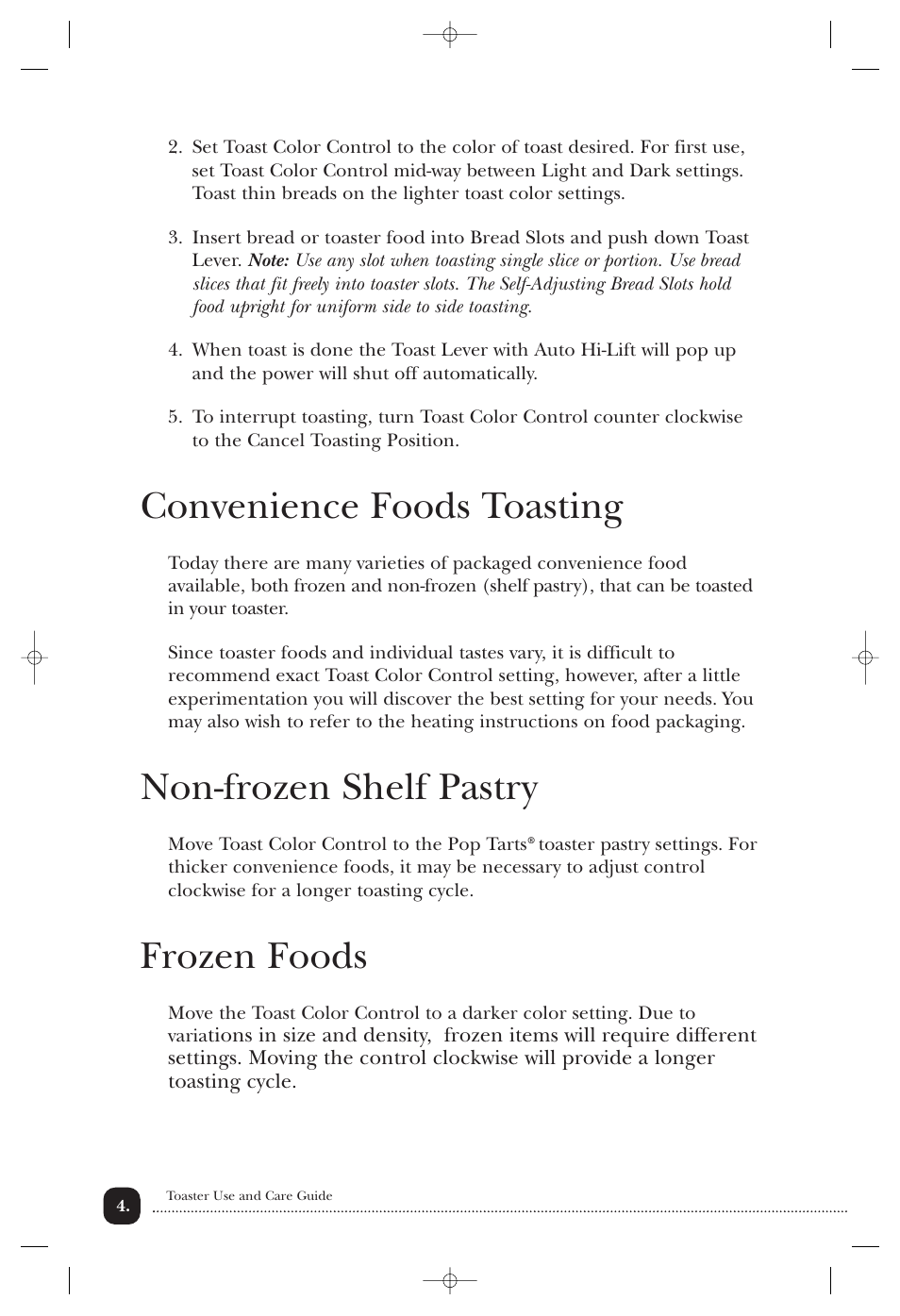 Convenience foods toasting, Non-frozen shelf pastry, Frozen foods | Toastmaster T2000BCCAN User Manual | Page 5 / 9