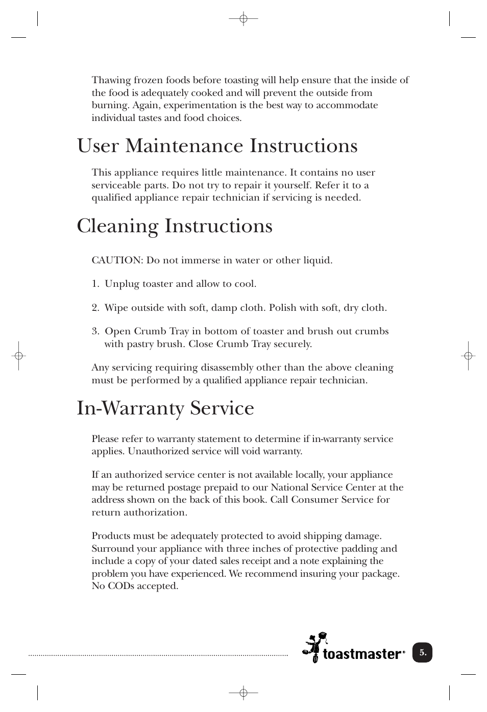 User maintenance instructions, Cleaning instructions, In-warranty service | Toastmaster T2000BCCAN User Manual | Page 6 / 9