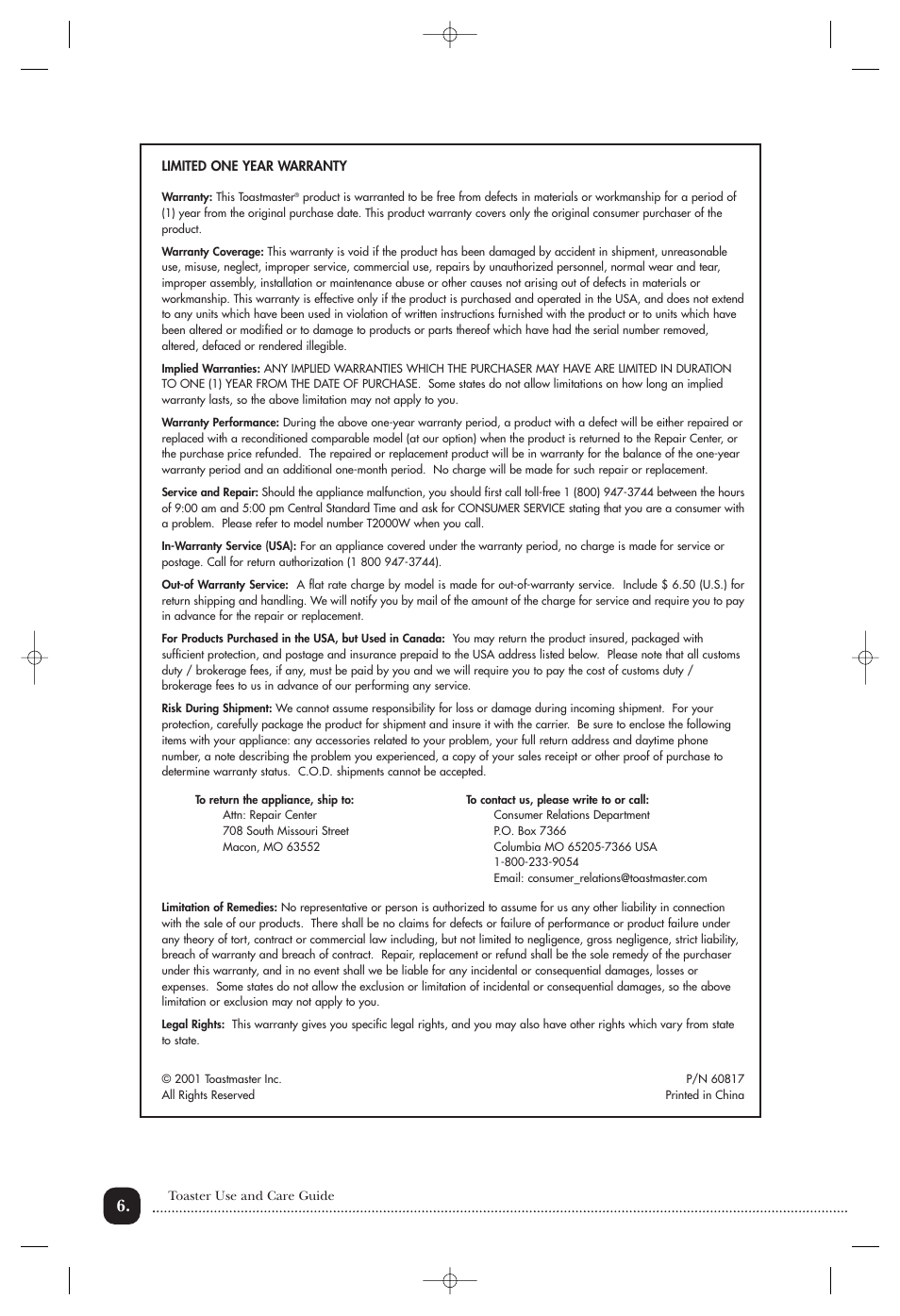 Toastmaster T2000BCCAN User Manual | Page 7 / 9