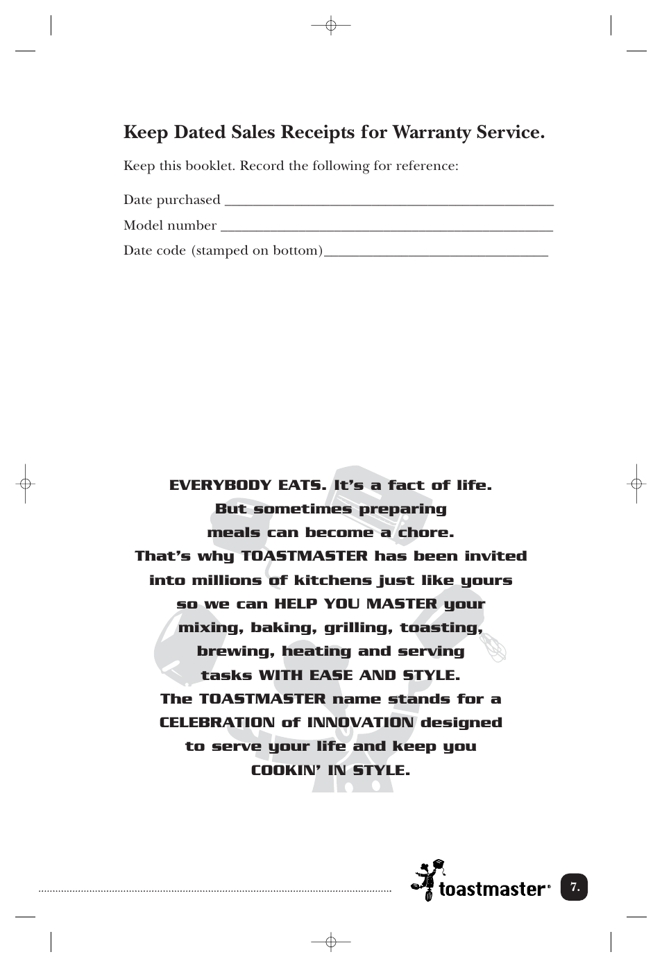Keep dated sales receipts for warranty service | Toastmaster T2000BCCAN User Manual | Page 8 / 9