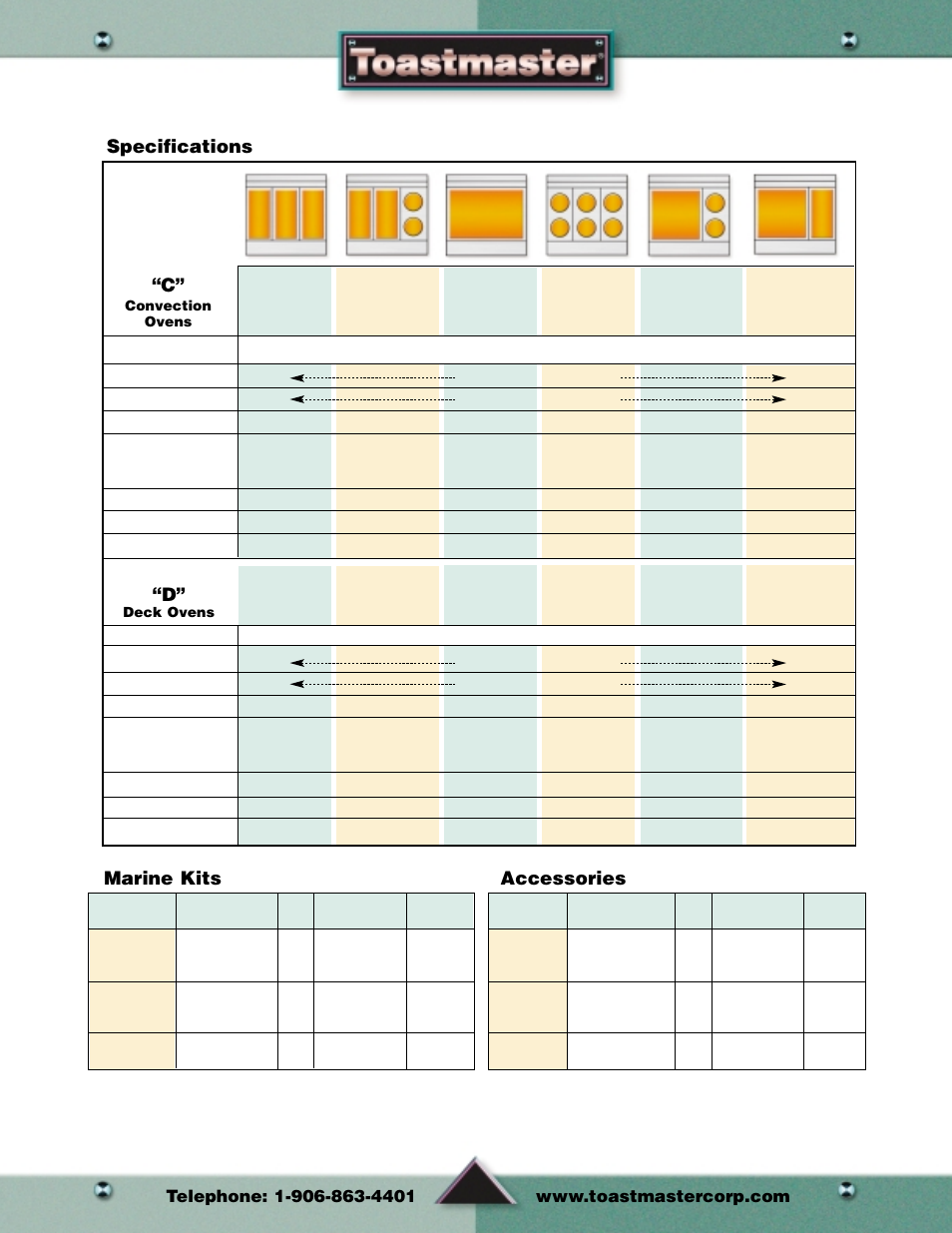 Ranges, Specifications “c, Type of range top | Accessories, Marine kits | Toastmaster Toaster and Oven User Manual | Page 53 / 64