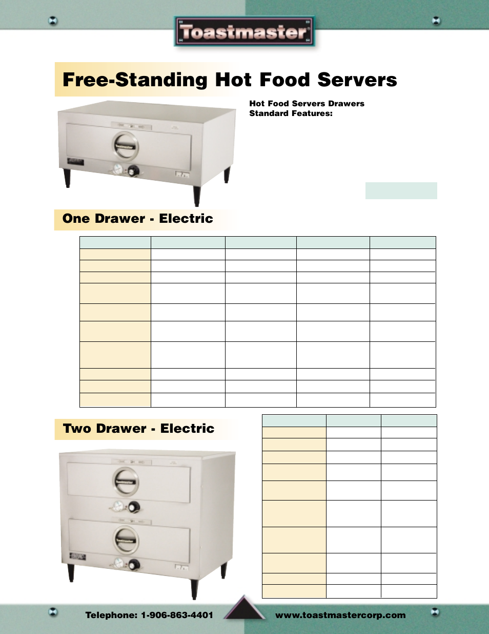 Free-standing hot food servers, One drawer - electric two drawer - electric, Hot food servers | Toastmaster Toaster and Oven User Manual | Page 59 / 64