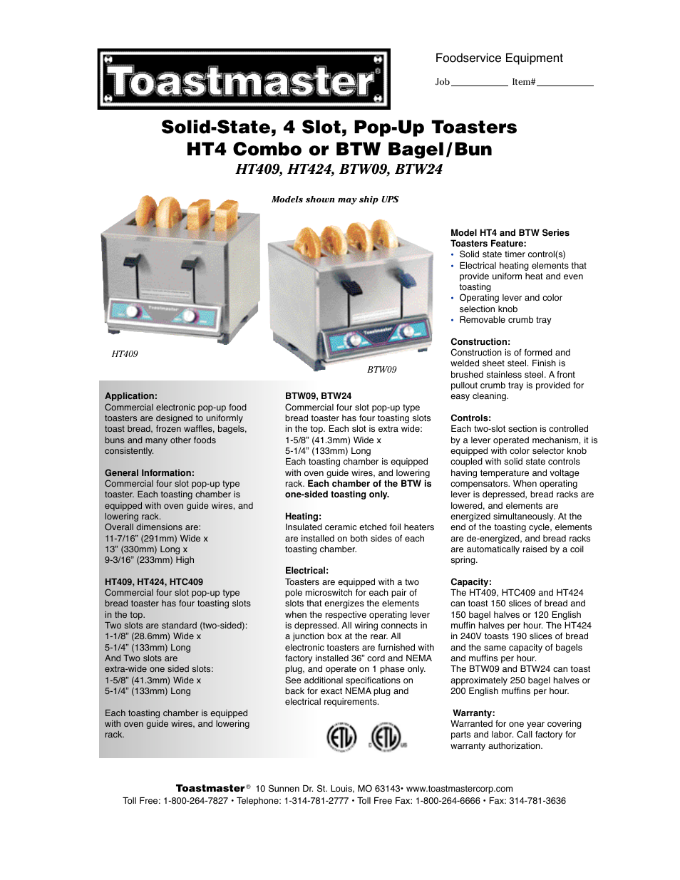 Toastmaster BTW24 User Manual | 2 pages