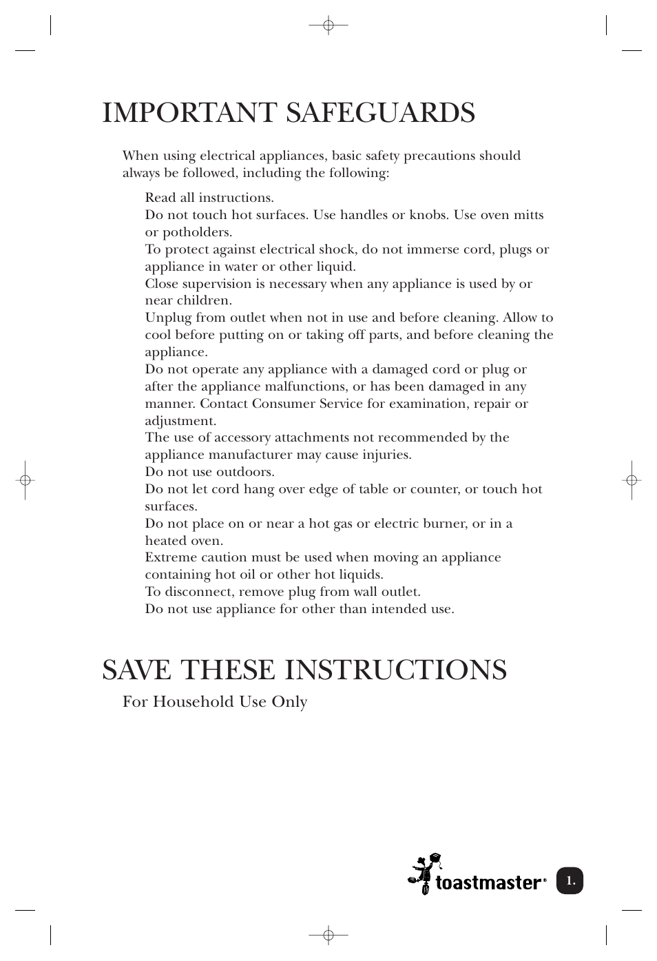 Important safeguards, Save these instructions | Toastmaster TWB4BELCAN User Manual | Page 2 / 22