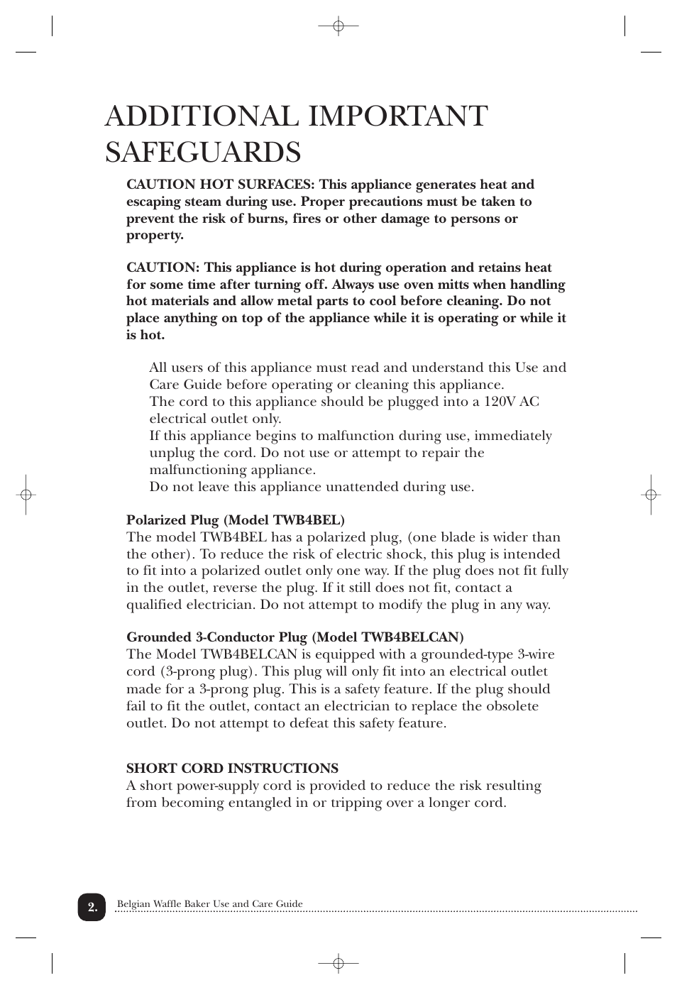 Additional important safeguards | Toastmaster TWB4BELCAN User Manual | Page 3 / 22