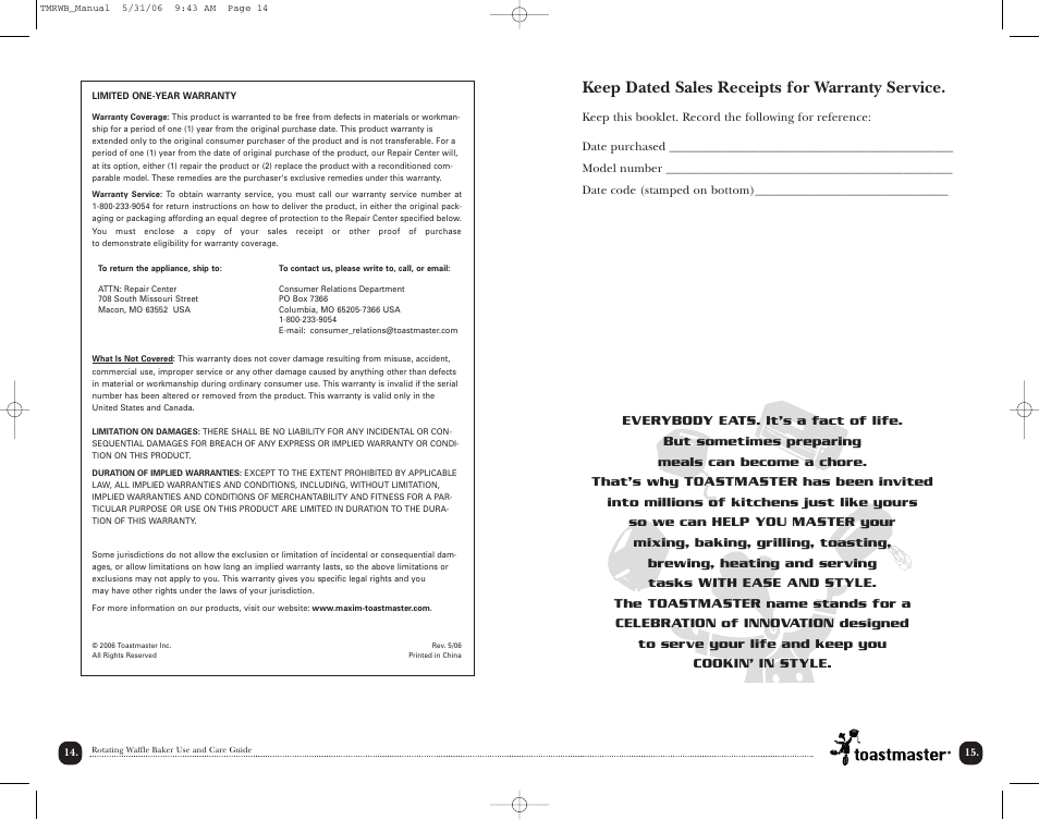 Keep dated sales receipts for warranty service | Toastmaster TMRWB User Manual | Page 15 / 17