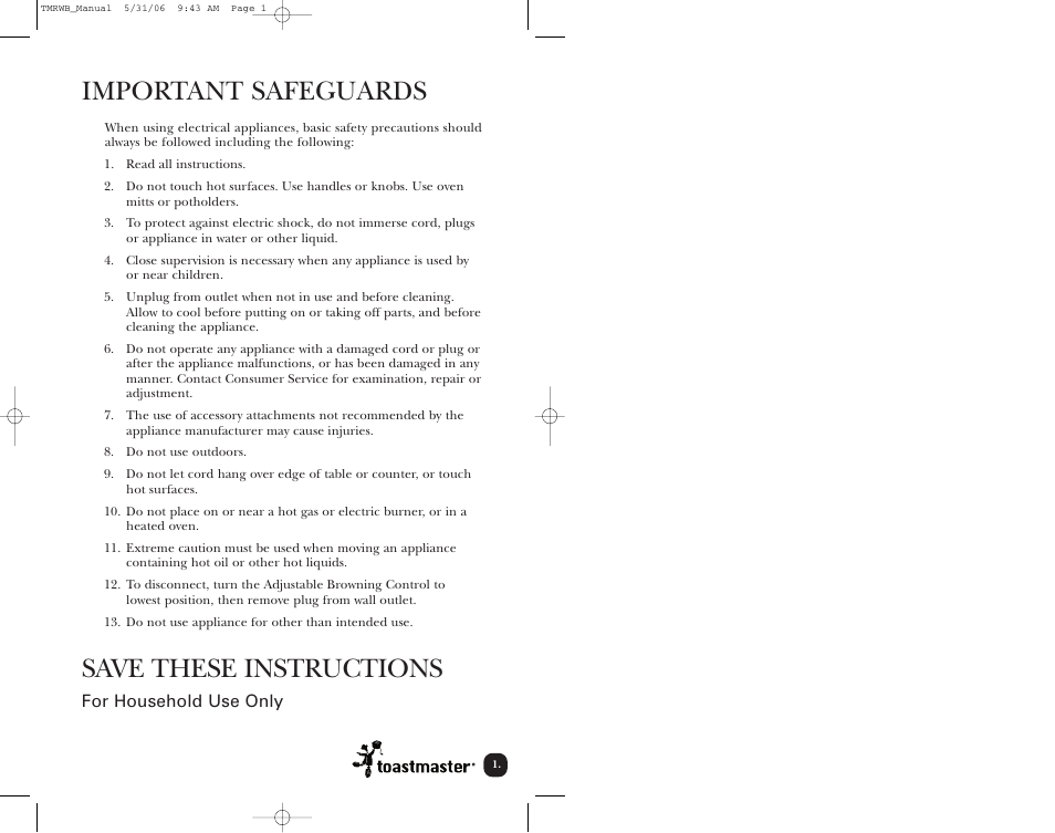 Important safeguards, Save these instructions | Toastmaster TMRWB User Manual | Page 2 / 17