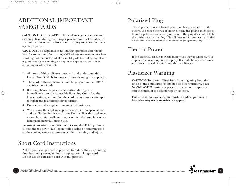 Additional important safeguards, Short cord instructions, Polarized plug | Electric power, Plasticizer warning | Toastmaster TMRWB User Manual | Page 3 / 17