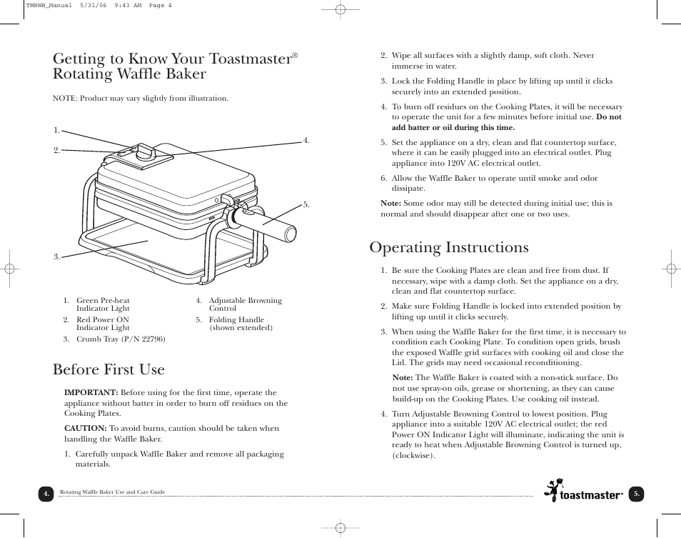 Operating instructions, Getting to know your toastmaster, Rotating waffle baker | Before first use | Toastmaster TMRWB User Manual | Page 5 / 17