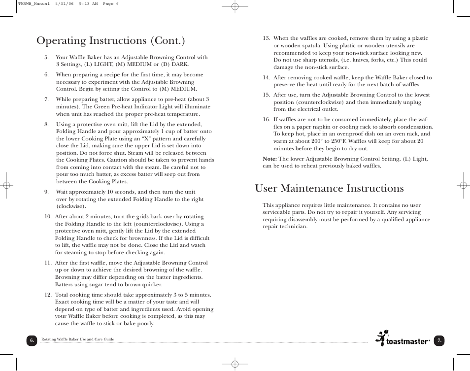 User maintenance instructions, Operating instructions (cont.) | Toastmaster TMRWB User Manual | Page 7 / 17