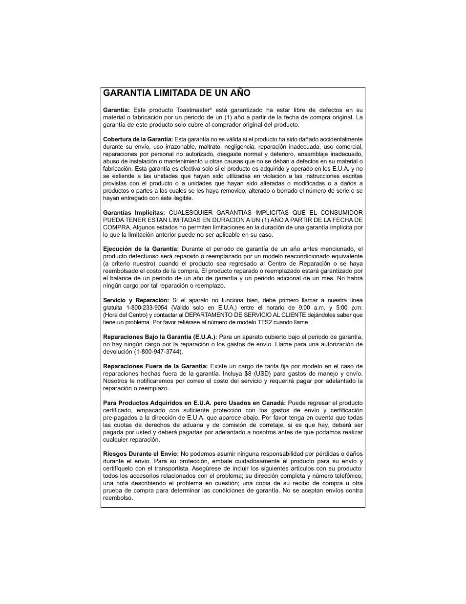 Garantia limitada de un año | Toastmaster TTS2 User Manual | Page 22 / 24