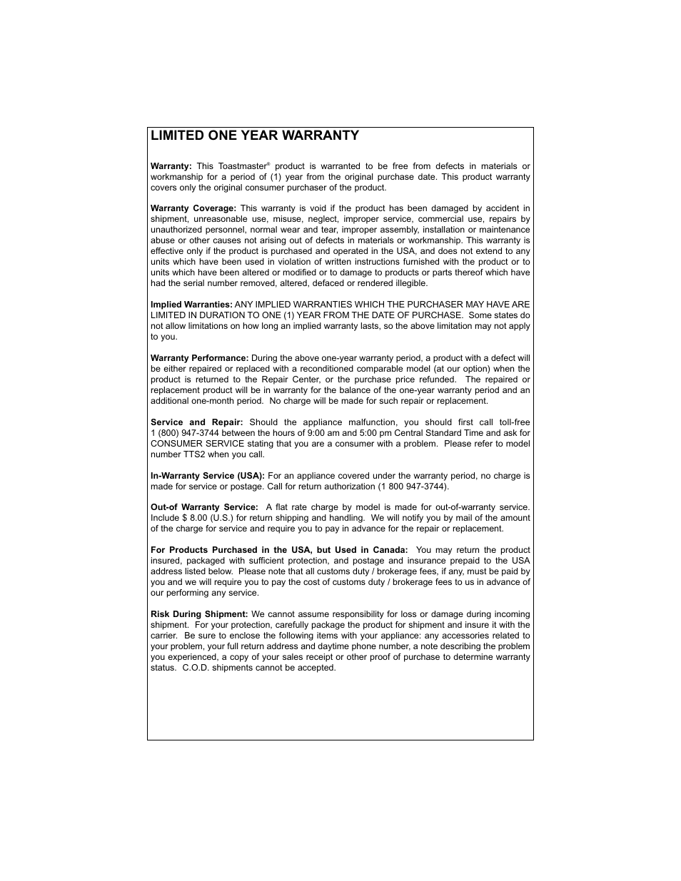 Limited one year warranty | Toastmaster TTS2 User Manual | Page 6 / 24