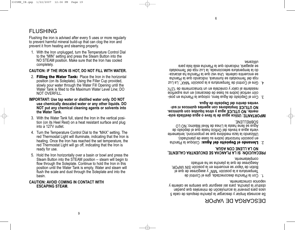 Descargade v apor, Flushing | Toastmaster 3305MX User Manual | Page 10 / 12