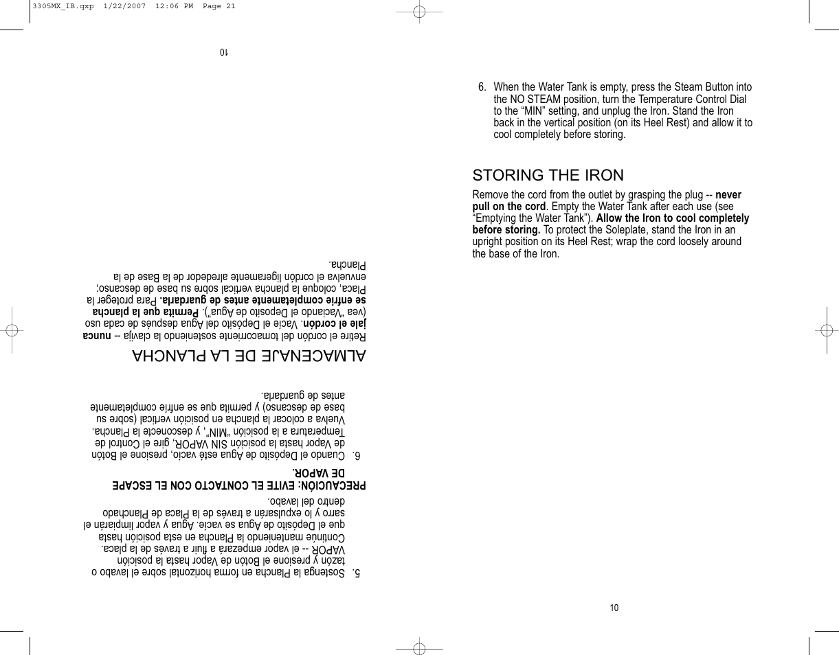 Almacenaje de laplancha, Storing the iron | Toastmaster 3305MX User Manual | Page 11 / 12