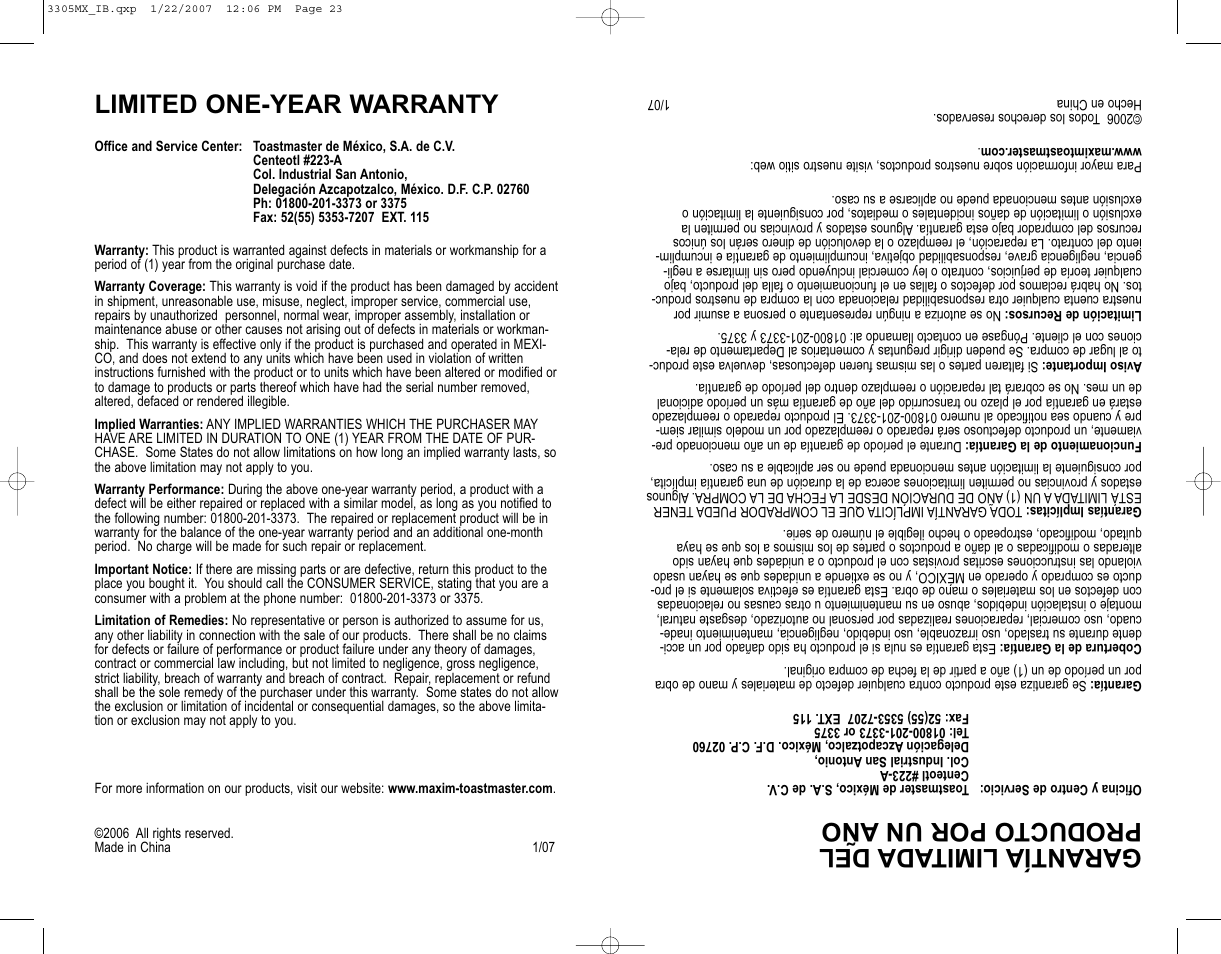 Limited one-year warranty, Garantíalimit adadel producto por un año | Toastmaster 3305MX User Manual | Page 12 / 12