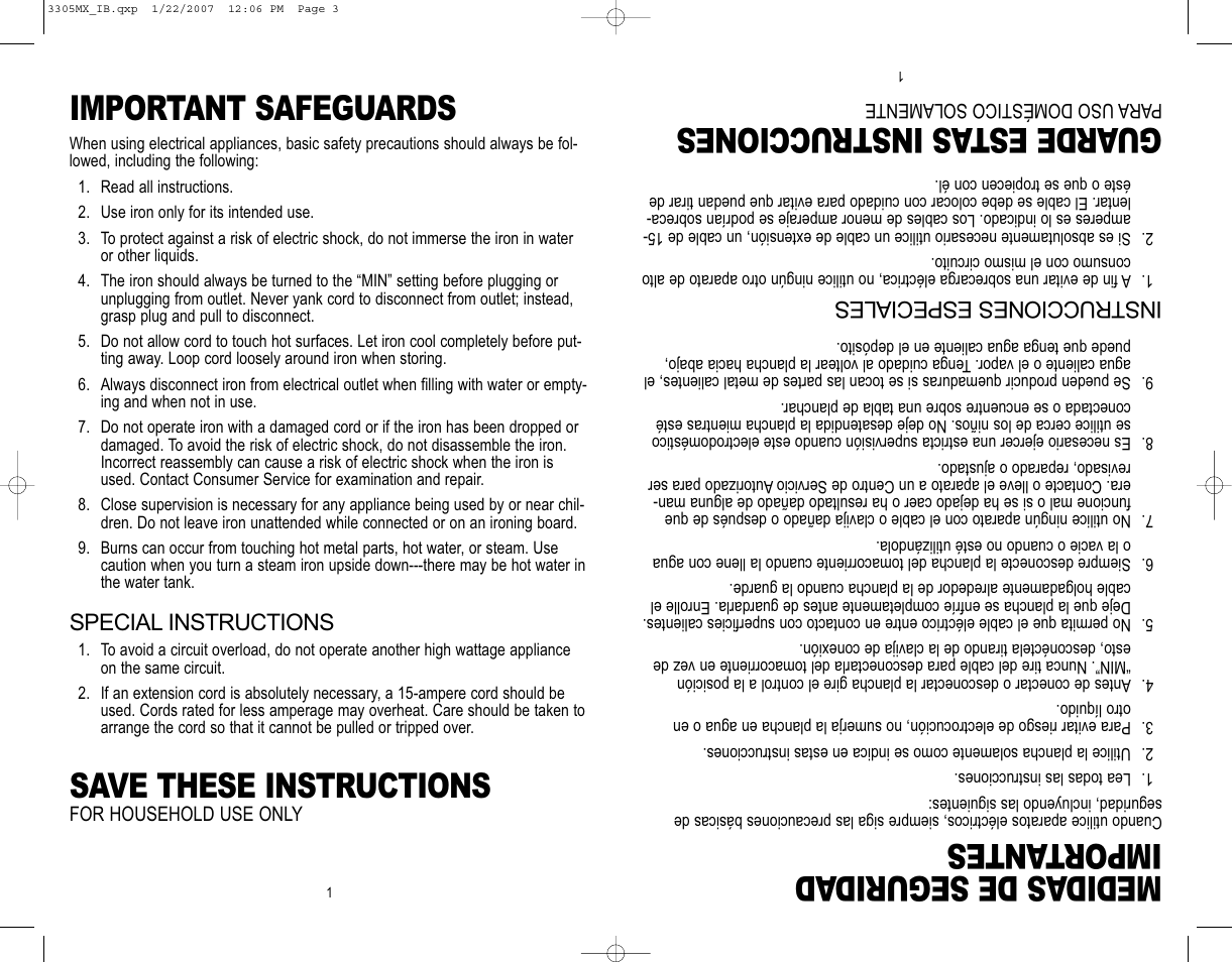 Medidas de segurid ad import antes, Guarde est as instrucciones, Important safeguards | Save these instructions | Toastmaster 3305MX User Manual | Page 2 / 12