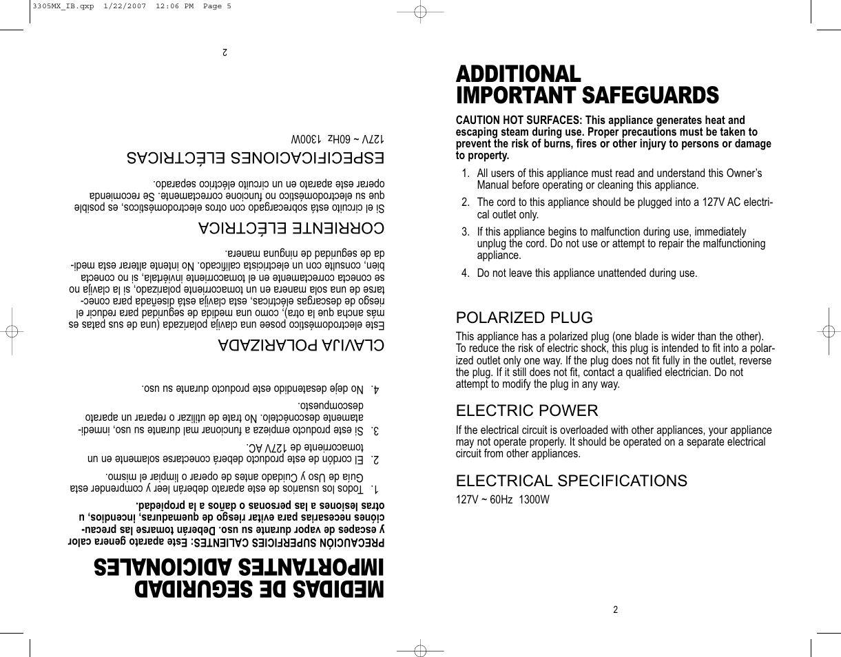 Additional important safeguards, Medidas de segurid ad import antes adicionales | Toastmaster 3305MX User Manual | Page 3 / 12