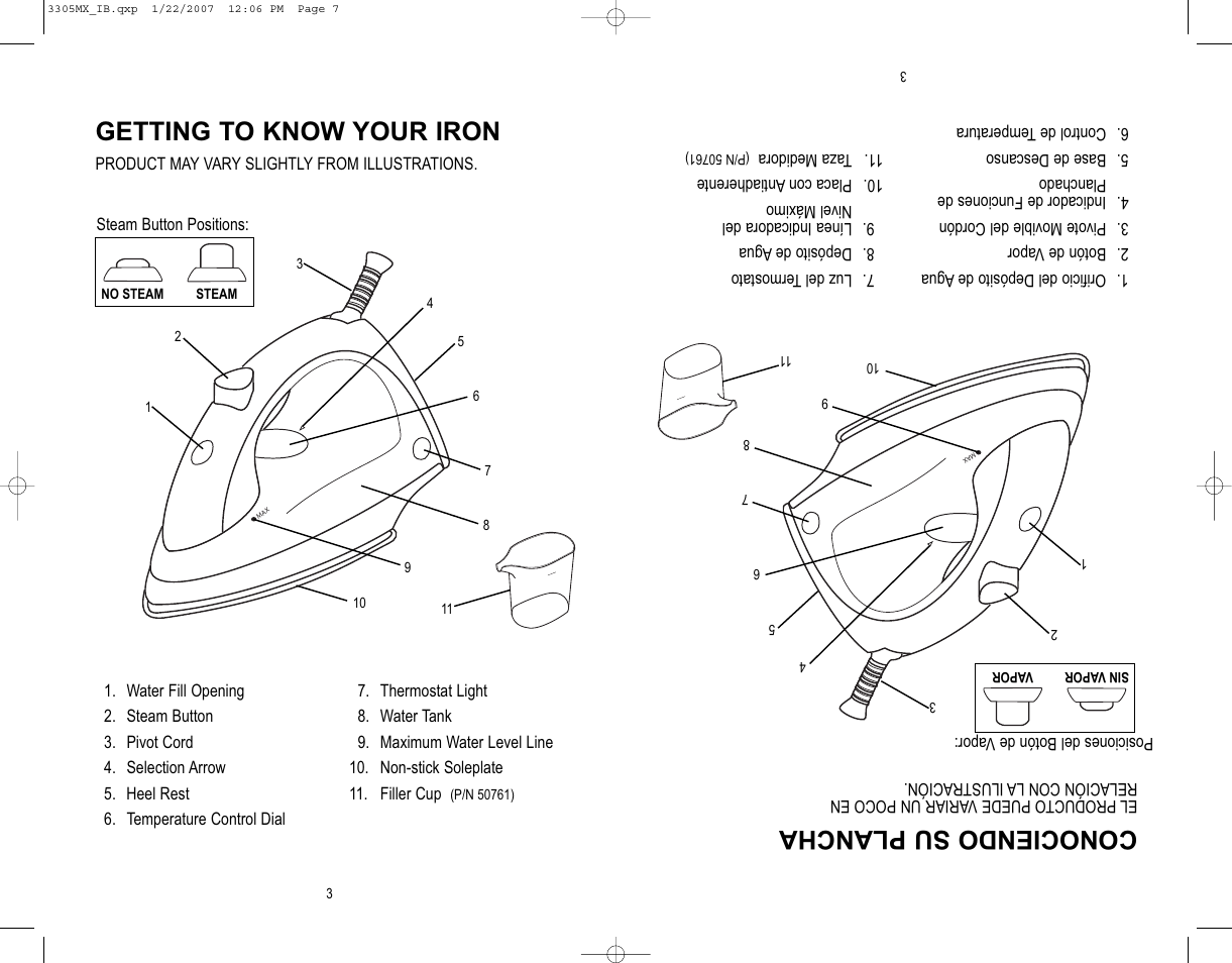 Getting to know your iron, Conociendo su plancha | Toastmaster 3305MX User Manual | Page 4 / 12