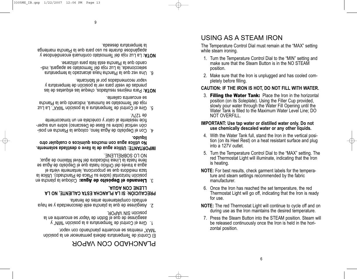 Planchado con vapor, Using as a steam iron | Toastmaster 3305MX User Manual | Page 7 / 12
