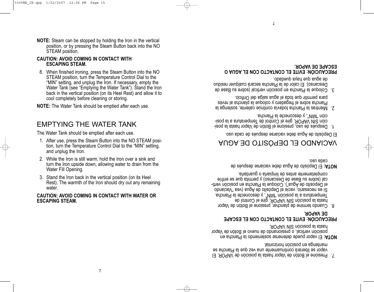 Vaciando el depósito de agua, Emptying the water tank | Toastmaster 3305MX User Manual | Page 8 / 12