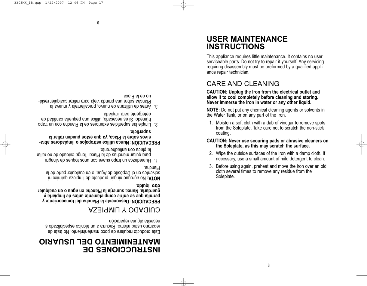 Instrucciones de mantenimiento del usuario, User maintenance instructions | Toastmaster 3305MX User Manual | Page 9 / 12