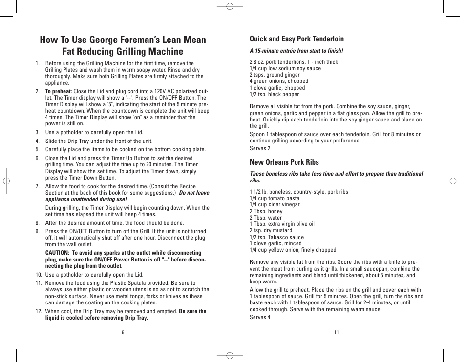 Quick and easy pork tenderloin, New orleans pork ribs | Toastmaster GRP4PBWTMR User Manual | Page 11 / 16
