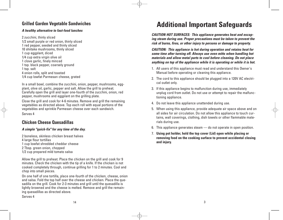 Additional important safeguards, Grilled garden vegetable sandwiches, Chicken cheese quesadillas | Toastmaster GRP4PBWTMR User Manual | Page 3 / 16