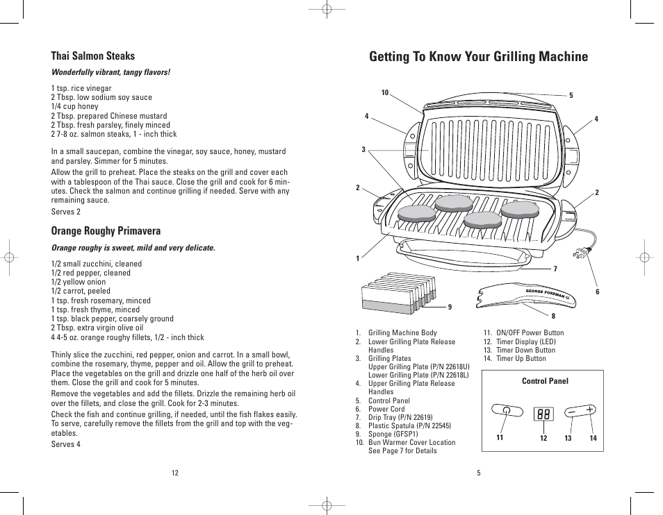 Getting to know your grilling machine, Thai salmon steaks, Orange roughy primavera | Toastmaster GRP4PBWTMR User Manual | Page 5 / 16