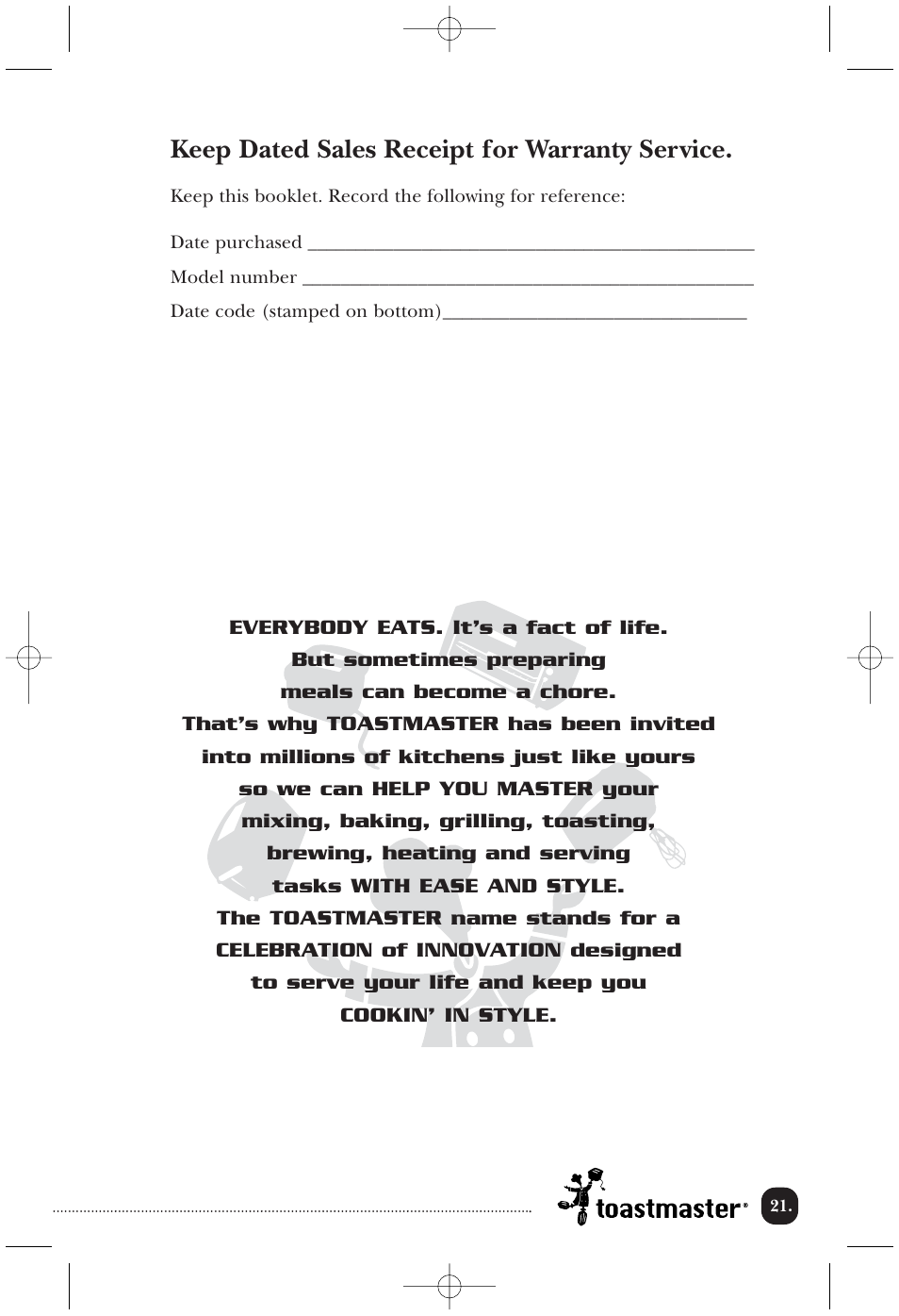Keep dated sales receipt for warranty service | Toastmaster TOV435RLB User Manual | Page 22 / 24