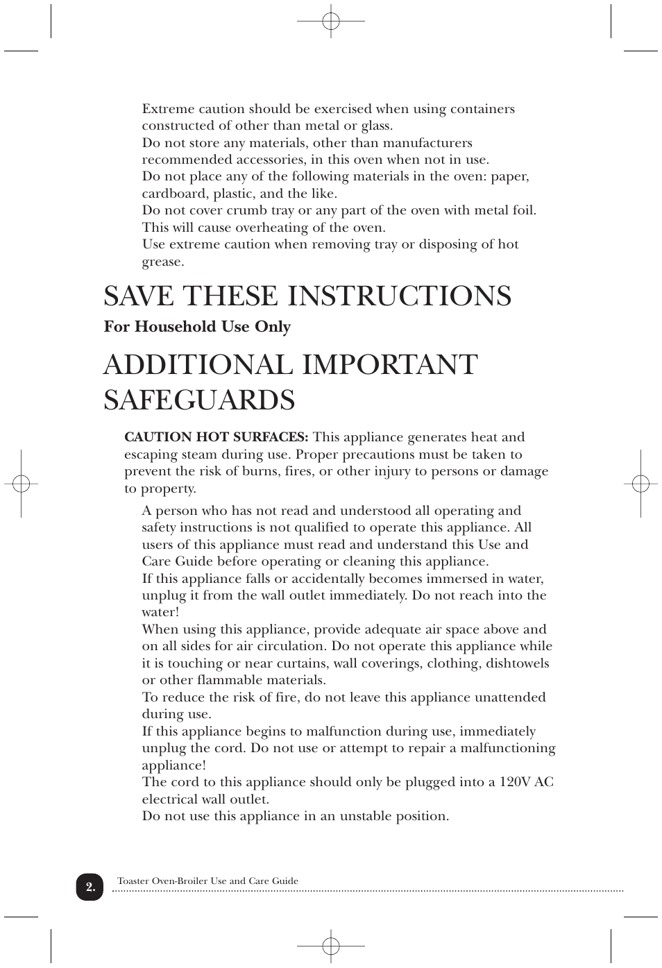 Save these instructions, Additional important safeguards | Toastmaster TOV435RLB User Manual | Page 3 / 24