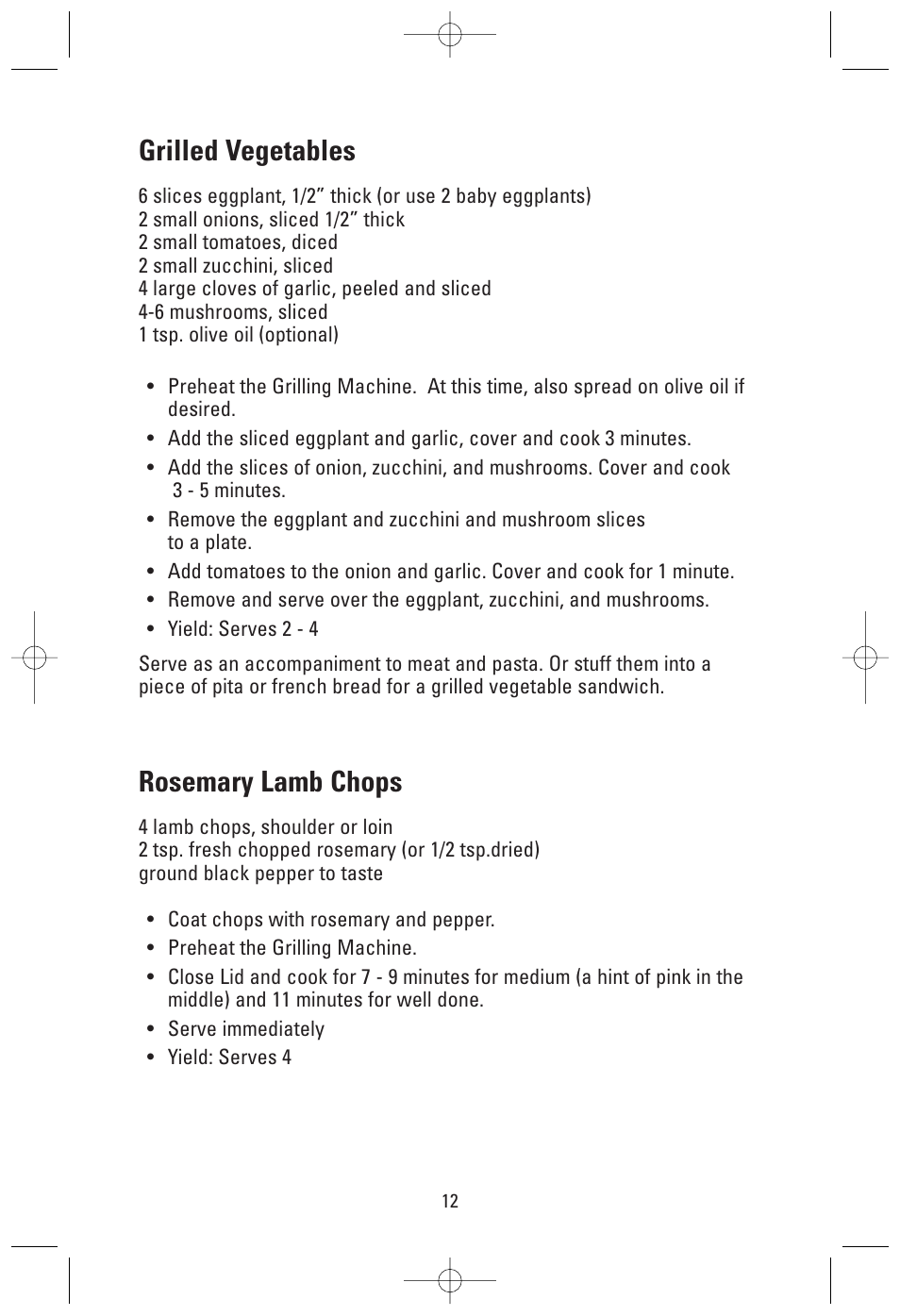 Grilled vegetables, Rosemary lamb chops | Toastmaster GRV160S User Manual | Page 12 / 16