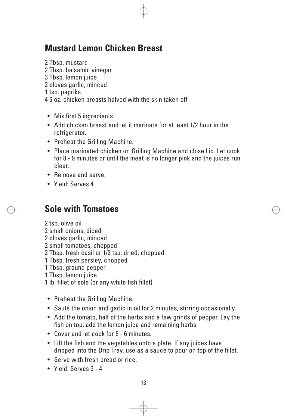 Mustard lemon chicken breast, Sole with tomatoes | Toastmaster GRV160S User Manual | Page 13 / 16