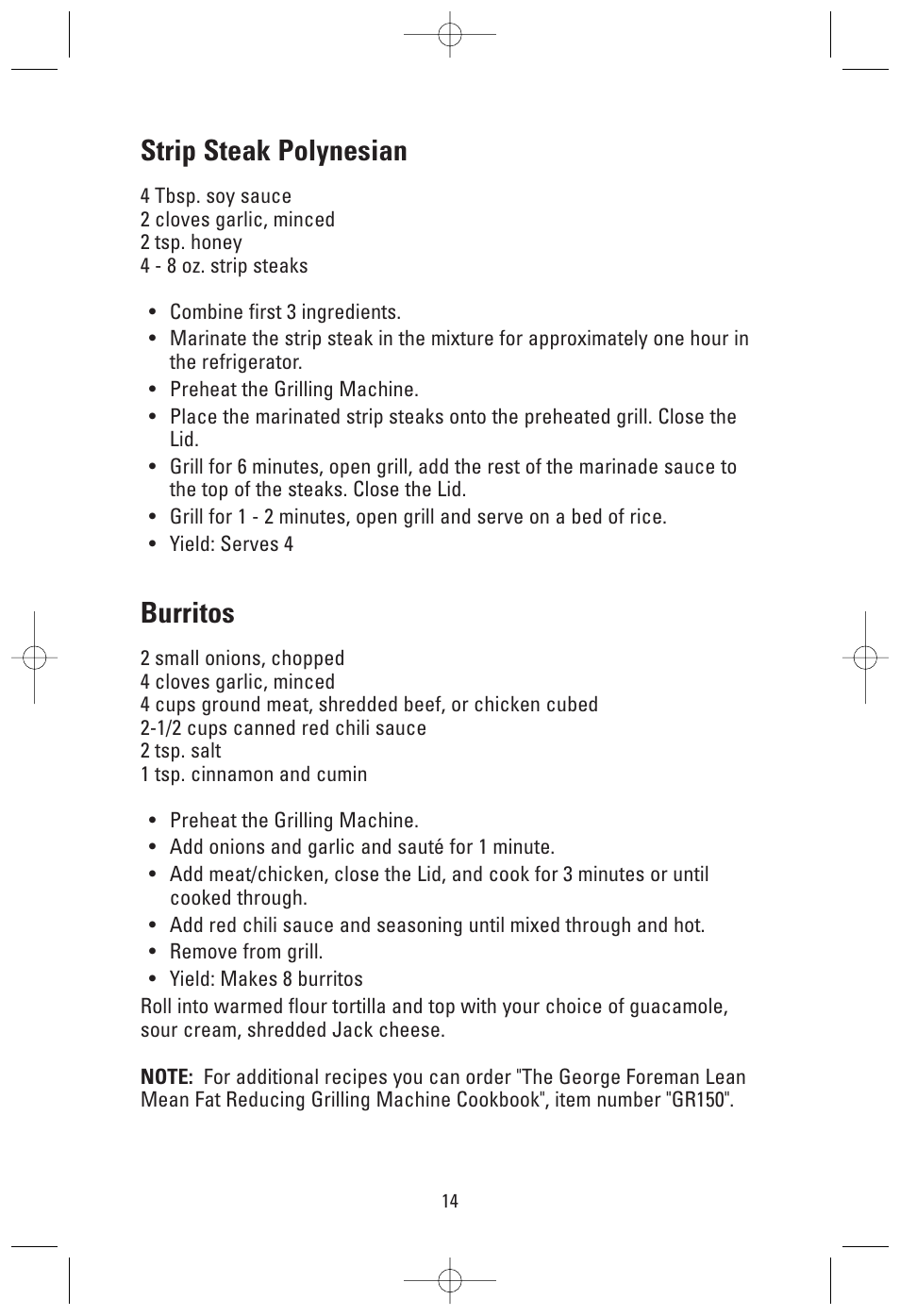 Strip steak polynesian, Burritos | Toastmaster GRV160S User Manual | Page 14 / 16