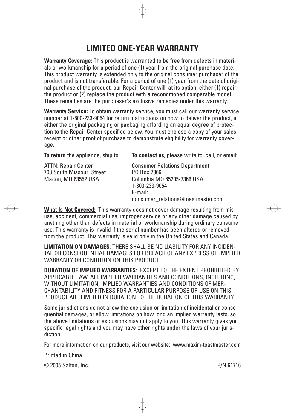 Limited one-year warranty | Toastmaster GRV160S User Manual | Page 16 / 16