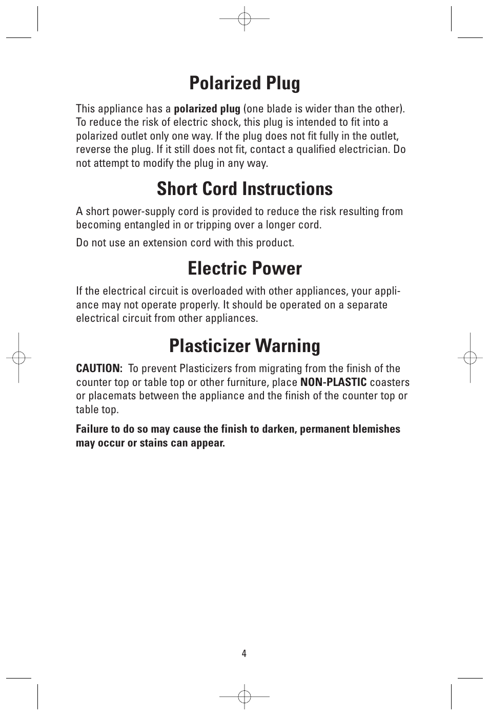 Polarized plug, Short cord instructions, Electric power | Plasticizer warning | Toastmaster GRV160S User Manual | Page 4 / 16